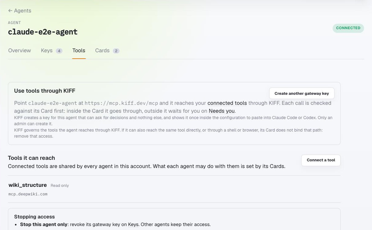 The agent&rsquo;s Tools tab: Use tools through KIFF, with the gateway URL, and the connected tools it can reach.