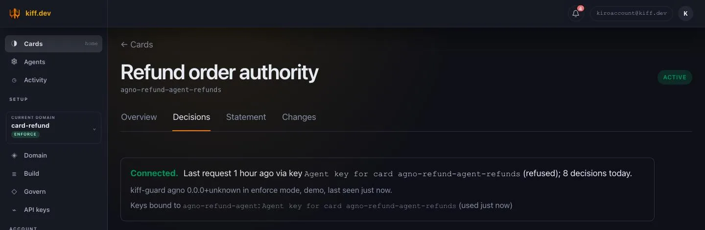 The card’s Decisions tab: Connected, the last request via the agent’s key, 8 decisions today, and the key bound to agno-refund-agent