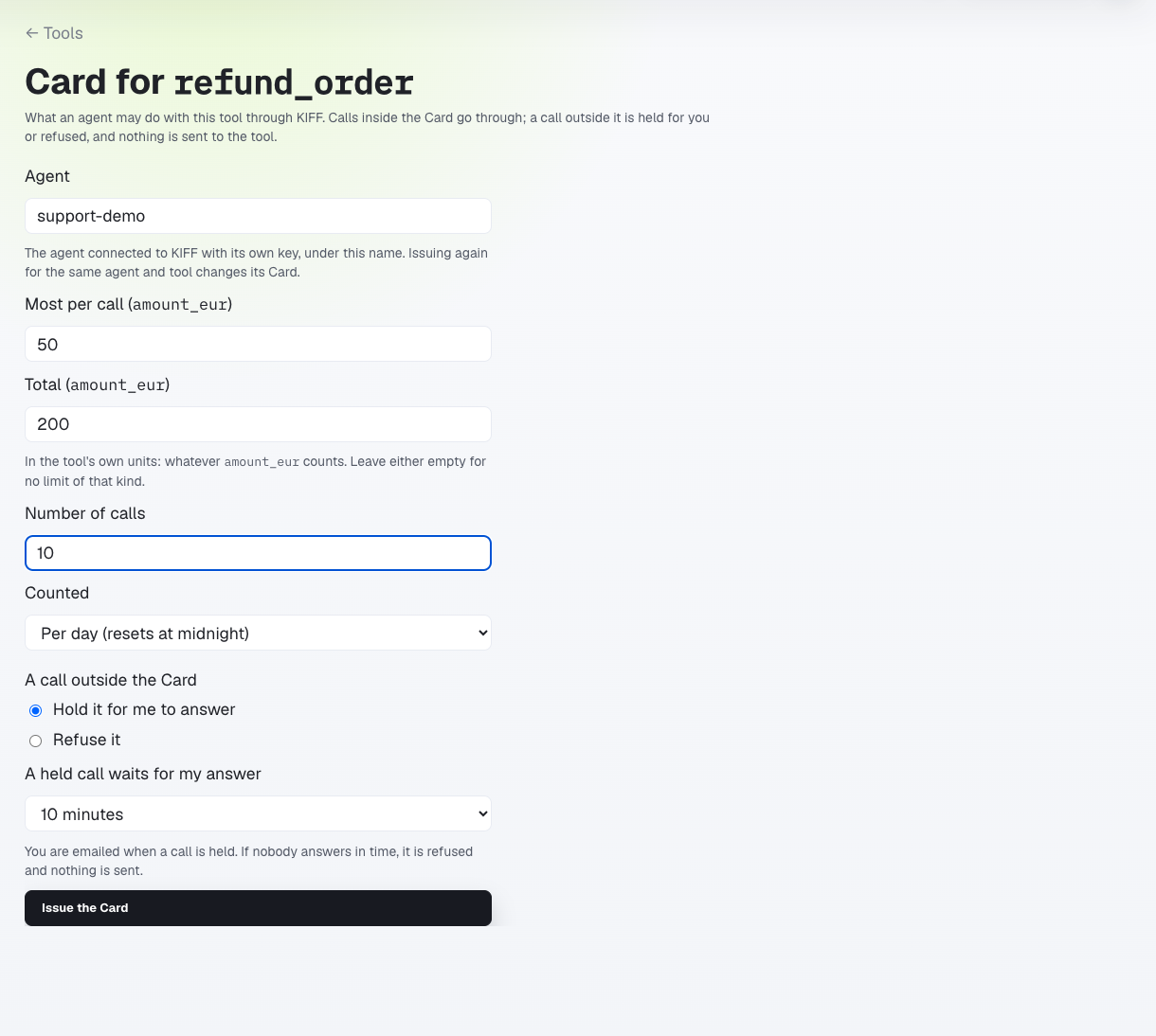 The refund Card form filled with support-demo, 50 euros per call, 200 total, ten calls per day, and a ten-minute owner hold.