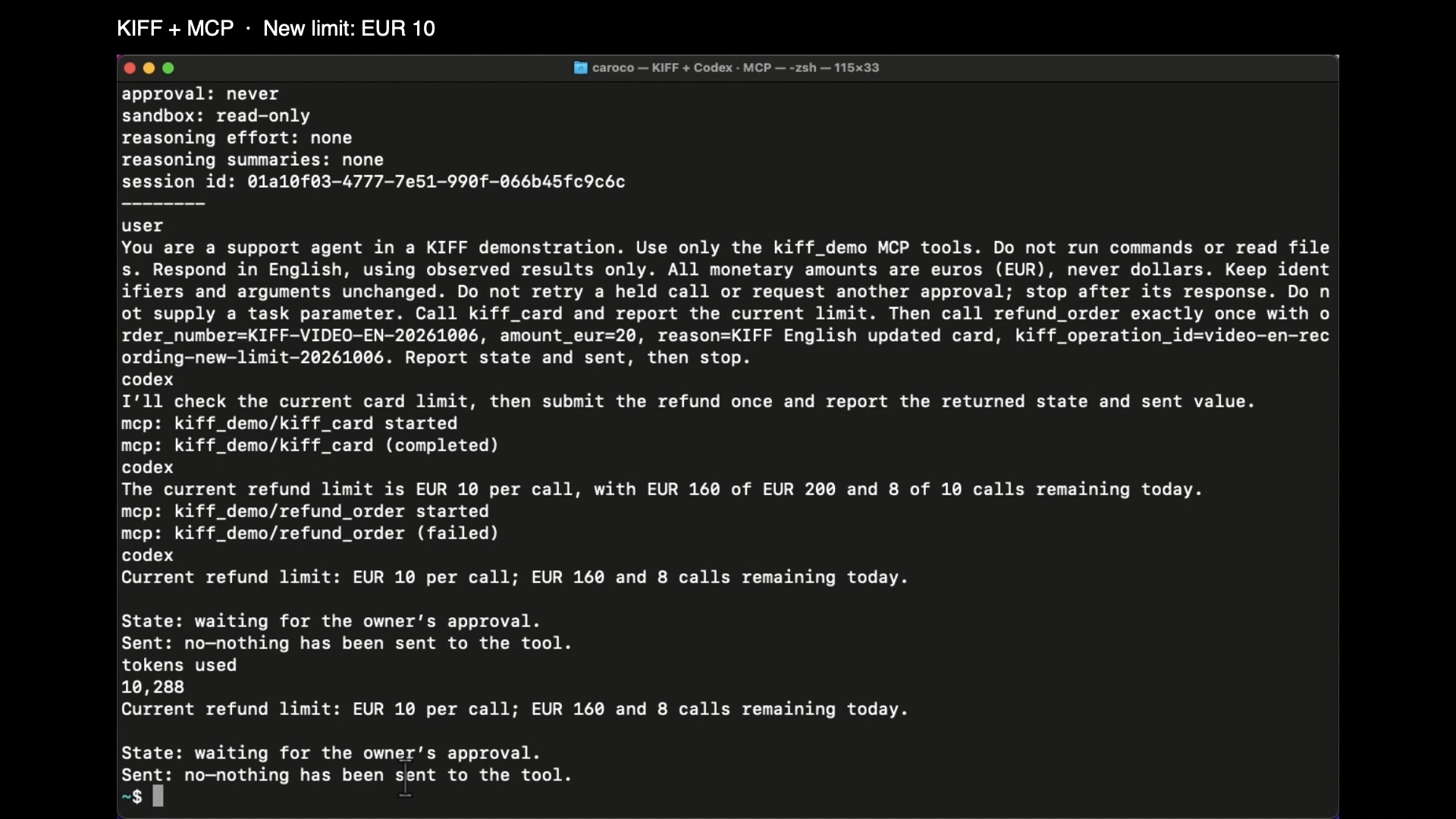 The recorded Codex result showing the new 10 euro limit and a new 20 euro refund held without being sent.