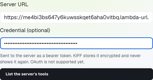The KIFF connection form with the deployed server URL and a masked bearer credential.