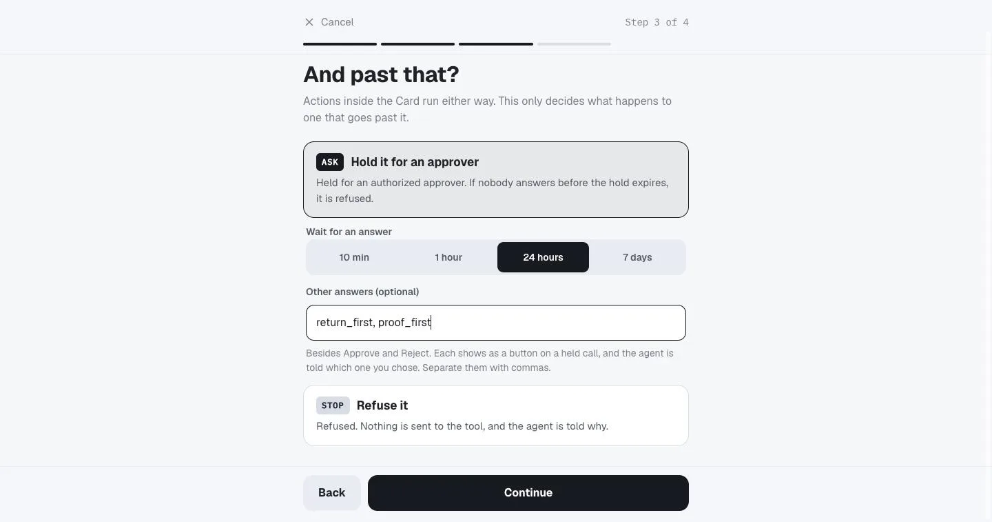 The refund Card’s settings in KIFF: Ask, wait 24 hours, and other answers return_first, proof_first