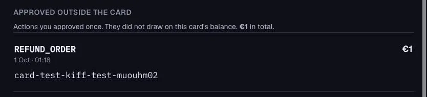 Approved outside the card: REFUND_ORDER €1, actions you approved once, they did not draw on this card’s balance