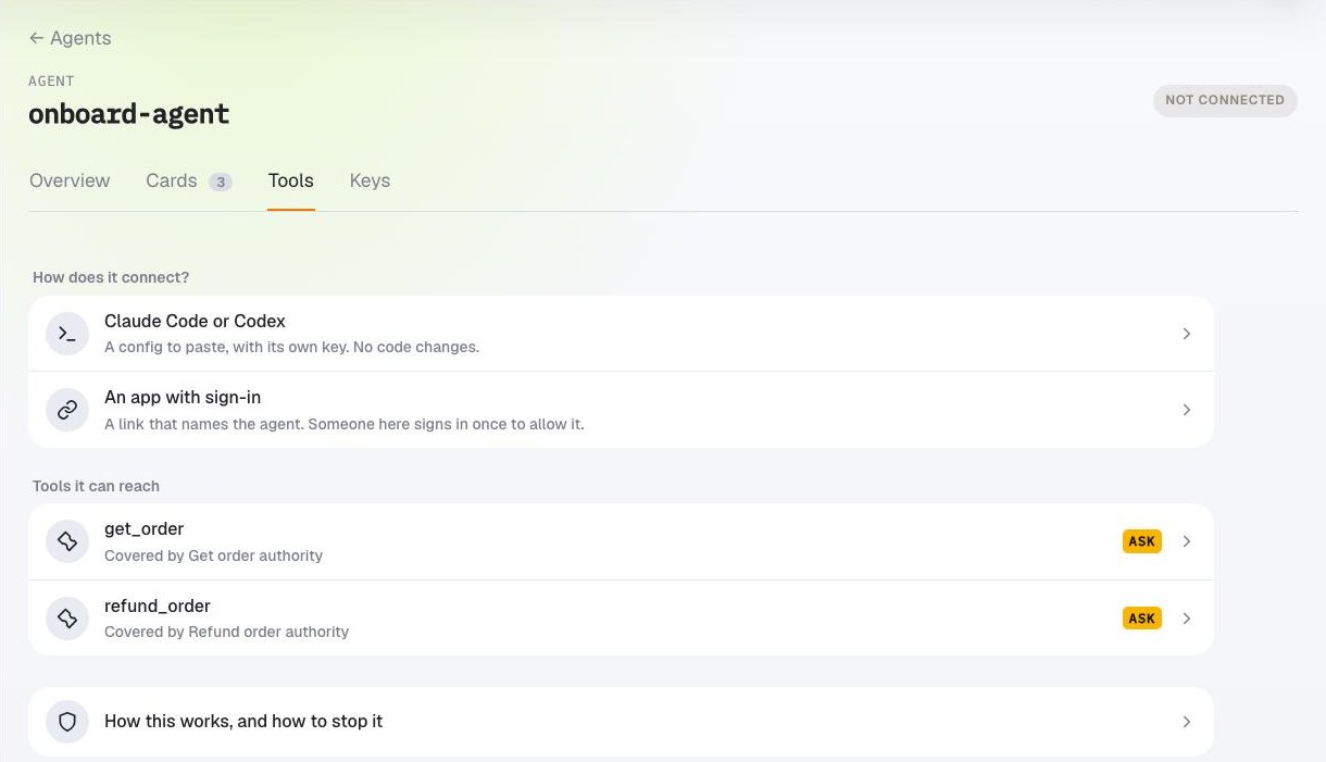 An agent&rsquo;s Tools tab: How does it connect?, with Claude Code or Codex and An app with sign-in, then the tools it can reach, each covered by a Card marked Ask.
