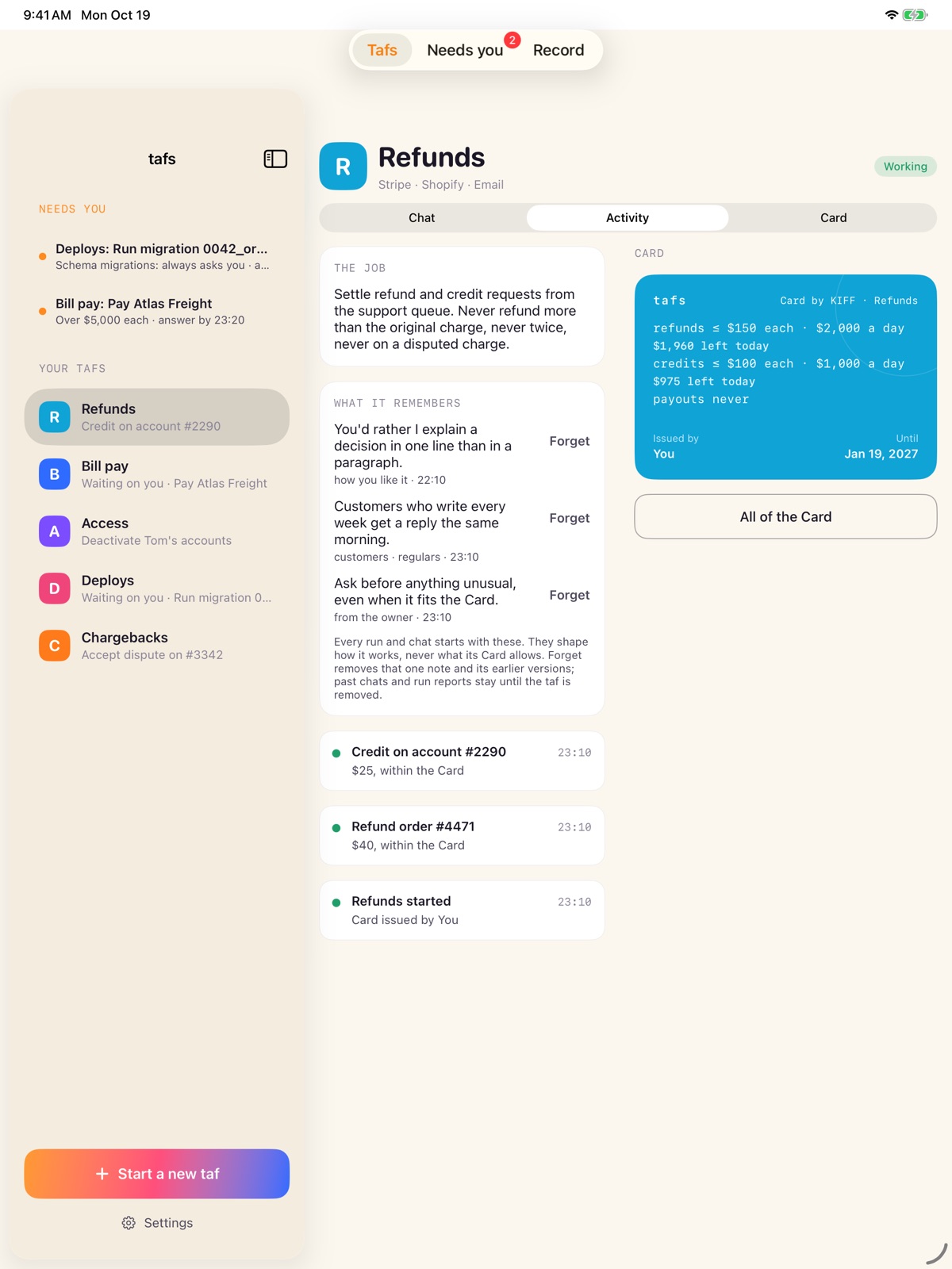 tafs on iPad: a taf's job, its activity, and its Card with limits and what is left today