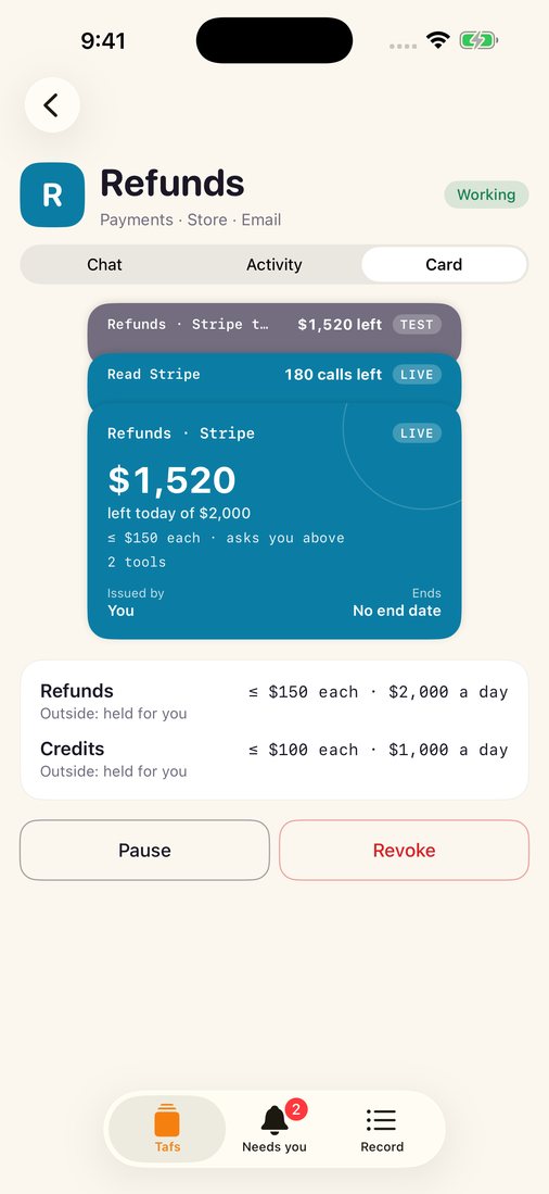 A taf&rsquo;s Card tab with sample data: 1,520 dollars left today of 2,000, a limit of 150 dollars each, the rules for refunds and credits, and Pause and Revoke.